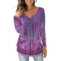 Sinimoko ženske košulje Henley dugih rukava Jesen i zimska tunika Top za žene Flora Print Crewneck Tops Purple XXXL