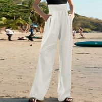 Posteljine hlače Žene elastične struke ravne pantalone za noge sa džepovima Visoko struk široke noge