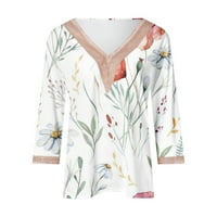 Dyegold Womens Ljetni vrhovi Trendy rukava cvjetni ispis V-izrez čipkasti bluza Ležerne tuničke majice