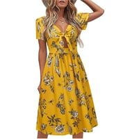 Ženska ležerna s kratkim rukavima s kratkim rukavima V-izrez ljeto tiskane haljine žuti s
