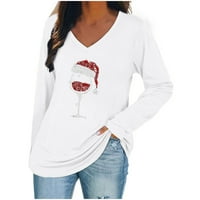 Zodggu Tuničke majice za žene bluza labave casual dugih rukava V izrez Božićno crveno vino Glass Print