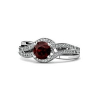 Red Garnet i Diamond Halo Swirl Angažman prsten 1. CT TW u 14k bijelo zlato .Size 8.5