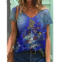 Modne žene s kratkim rukavima s kratkim rukavima V-izrez cvjetni ispisani labavi majica top bluza plava