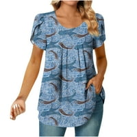 Joau Womens Ljetne majice Modni ispisani okrugli vrat Petal kratki rukav na vrhu Casual Labava comfy bluza na klirensu