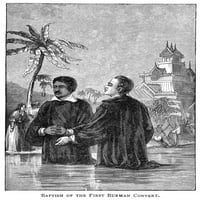 Misionari: krštenje. NBaptistm pretvara u Burmi Američki baptistički misionar, Adoniram Judson. Graviranje
