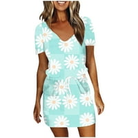 Haljine za žene casual visoki struk ženski kratki rukav V-izrez A-line cvjetna plaža ljetna haljina plava s