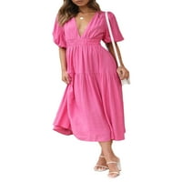 Tsseiatte ženska ljetna casual midi haljina u boji s kratkim rukavima u obliku kratkih rukava