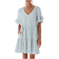 Homchy haljina za ženske ležerne haljine s kratkim rukavima Ljetni ruffle džep elastični struk a-line