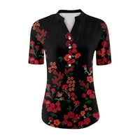 Hanas vrhovi ženski ljetni casual tee, cvijeće kratkih rukava i lišće tiskane majice, seksi v vrat gumb