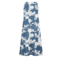 Ženska ljetna moda casual tiskati bez rukava na rukavu u džepu Maxi haljina pamučna posteljina plava