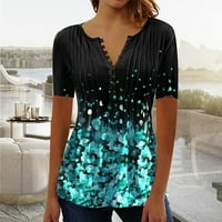 Yyeselk Sparkly Majice za žene Ležerne tipke UP V-izrez kratkih rukava Bluze Modni maštovinski grafički