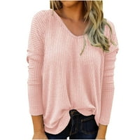 Ženske majice V izrez dugih rukava Tee Ležerne prilike pune boje labava bluza Pink XXL