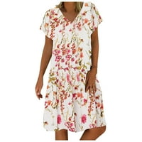 Haljine za žene Himeway Ženska povremena modna labava cvjetna print V-izrez Haljina s kratkim rukavima bijela l