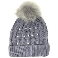 Urban-pauncock Mekani kabel pletit Beanie Winter Hat sa bisernim perlicama i toplim rukom i pom pom - sivom bojom
