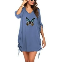 Haljine za žene Ženska modna leptir Print V-izrez Kratka majica bluza plaže Haljina za žene Plavo m