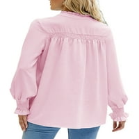 Bluza dugih rukava s dugim rukavima rušena majica za žene Plain Gumb dolje vrhovi jesenska majica ružičasta