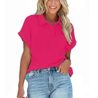 Plus veličine zazor ženske kratke rukave, pune boje, majica Lapel Top Pulover Majica Hot Pink 14