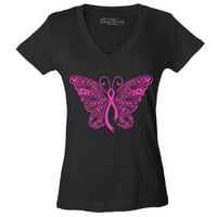 Shop4ever Ženske ružičaste vrpce Butterfly dojke Snimitost slim Fit V-izrez majica Mala crna