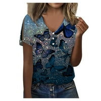 Bluze s kratkim rukavima za slobodno vrijeme od tiskanih vrhova Henley Fashion za žene svijetlo plava