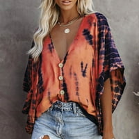 USMIXI ženski vrhovi modni gumb s rukavima za batwing spustite labave fit košulje Ljeto casual duljina za lakiranje V-izrez Tie-dye bluza naranče