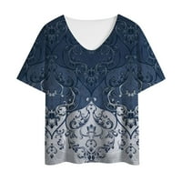 Ženski vrhovi ženske majice kratkih rukava tiskani s imitacijom V-izrezom pamuk plavi l