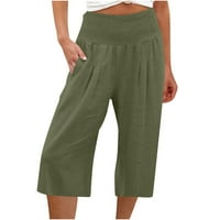 Ženske pamučne posteljine pantalone casual plus veličine elastični struk visoki struk Capri hlače Ljeto slobodno udobne široke pantalone za noge vojska zelena l