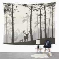 Silhouette Pine Forest Obiteljski jelen i ptice Brown Wall Art Viseći tapiserija Početna Dekor za dnevnu sobu spavaća soba spavaonica