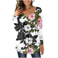 Henley Tunic vrhovi za žene sakrij trbuh tuniku cvjetni ispis bluza prednje košulje s dugim rukavima