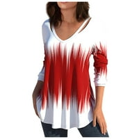 Cyzz Celler žene šuplje modne tiskanje dugih rukava V-izrez majica za bluze s dugim rukavima crvena xxxl
