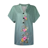 GDFUN Ljetni vrhovi žensko novo dugme V izrez Modni print kratkih rukava Vintage Print Majica Ležerne