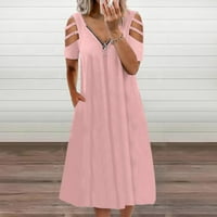 Ženske haljine kratki rukav A-line srednje dužine Floral V-izrez ljetna haljina ružičasta m