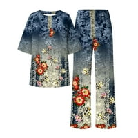 Outfits za ženska posada vrata kratkih rukava odriješene vrhove tiskane široke noge duge hlače Ljeto podudaranje Navy 10