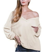 Grafičke majice za žene Vintage Trendy Ženska solidna boja V-izrez Dugi pulover s dugim rukavima Majica