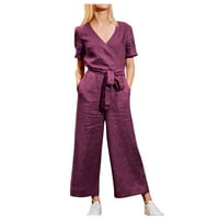 Ljetni kombinuit za žene Čvrsti džep kratki rukav V-izrez remen Loose Ramper Purple XL