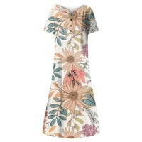 Ljetne haljine za žene Henley Fashion Mid-duljina ispisana A-line haljina kratka rukava ružičasta L