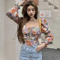 Ženska modna majica Korejski stil kvadratni ovratnik cvjetni print seksi slatki dugi rukavi šifonske