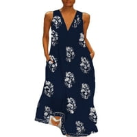 Ženska boemska cvjetna haljina za print bez rukava V izrez Maxi haljina Vintage Print duga haljina plus