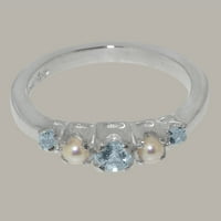 Britanci izrađeni čvrsti srebrni prirodni akvamarin i kultivirani biserni ženski prsten - Veličina opcije
