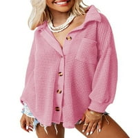 Calzi Ženski gumb dole tunička majica Elegantne bluze Casual Majice Waffle vrećice ružičaste l