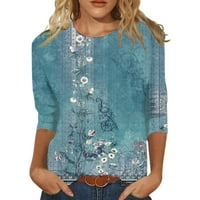 MlQIDK majice za žene za žene modni cvjetni print Mid-duljina rukav bluza okrugli vrat casual vrhovi, cijan xl