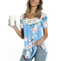 Ženski vrhovi žensko ljetno casual tisak kratkih rukava čipka za šivanje O-izrez Labavi majica