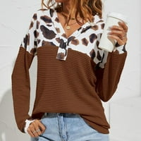 Rovga ženski pulover Dukseri ženski modni leopard tiskani čvrsti šavovi labavi gumb V-izrez dugim rukavima