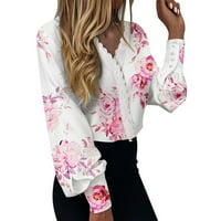 Jesenska žena bluze Top žena modni ispis V izrez čipke dugih rukava majica bluza dugmeta labav tunik
