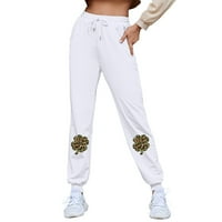 Ženski tisak visoki elastični struk ravno nogu sportske vježbe hlače sa džepovima bijeli XL