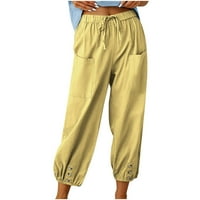 Qiaocaity ženske plus veličine pantalone pamučno posteljina Harlen sa elastičnim džepom džepova labavo ravne noge casual pantalone Yellow XL