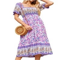 Ženski vrat midi haljina kratki rukav ljetni cvjetni vintage elastične poprsje sunce