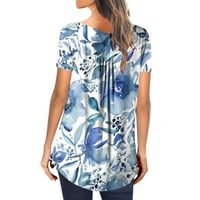 Ženske vrhove plus veličina Sakrij trbušni tunički majica s kratkim rukavima Summer Dugme Up Henley Košulje Slatka majica Dressy Casual Bluze Pleated Swing Tunics Light Blue-XL