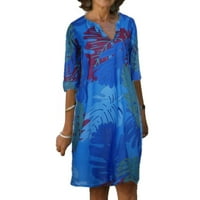 Haljina košulje s kaišnim printom Lan Plus modne žene bez rukava floralni vez Ležerne haljina s V-izrezom