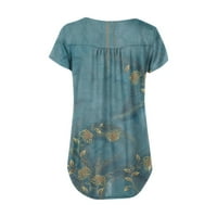 Hanas vrhovi ženski vintage cvjetni ispis plutajući kratki rukav Ležerni majica Dugme Top Pulover Blue XXL