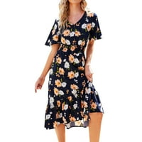 Ženska cvjetna haljina za print ženske ljetne kratke rukave V izrez kratke haljine za zabavu